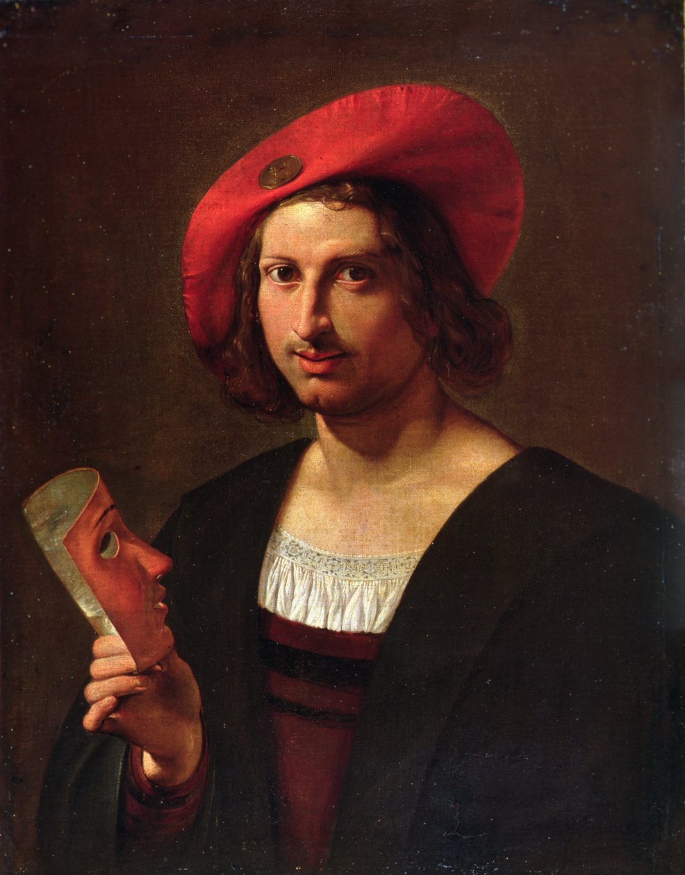 Portrett av en ung mann iført en hatt med et merke, med en maske (olje på lerret) av Pietro Paolini