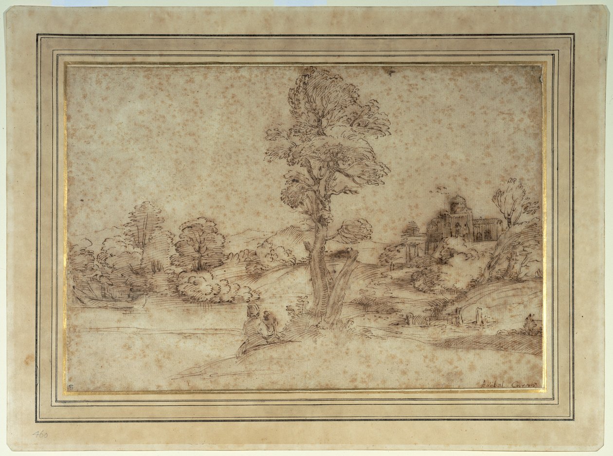 Landskap med en innsjø og bygninger, en mor og et barn ved et tre (penn og brunt blekk på papir) av Pietro Paolo (attr. to) Bonzi