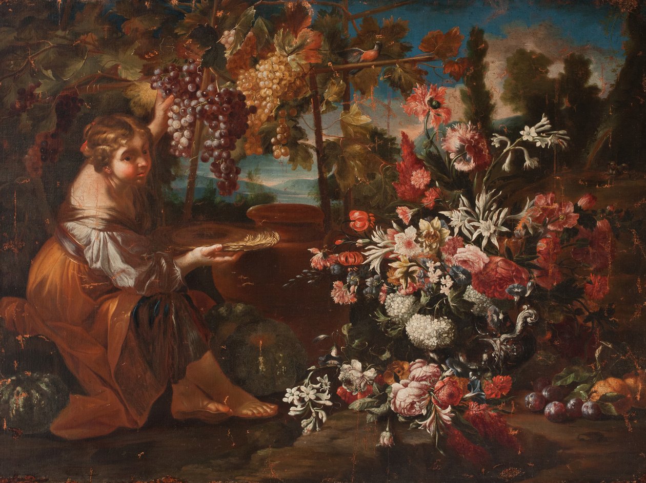 En jente blant blomster og frukt av Pietro Paolo Bonzi