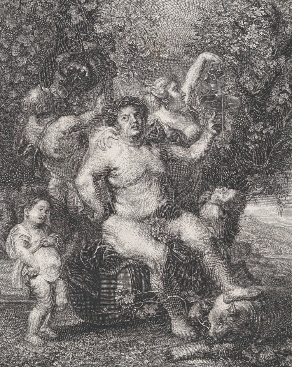 Bacchus satt på en tønne foran vinranker, med bacchanter, satyrer og barn s..., 1758. av Pietro Peiroleri