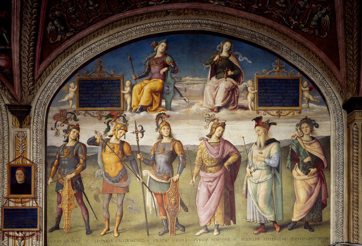 Allegorier om styrke og måtehold med seks antikke helter av Pietro Perugino