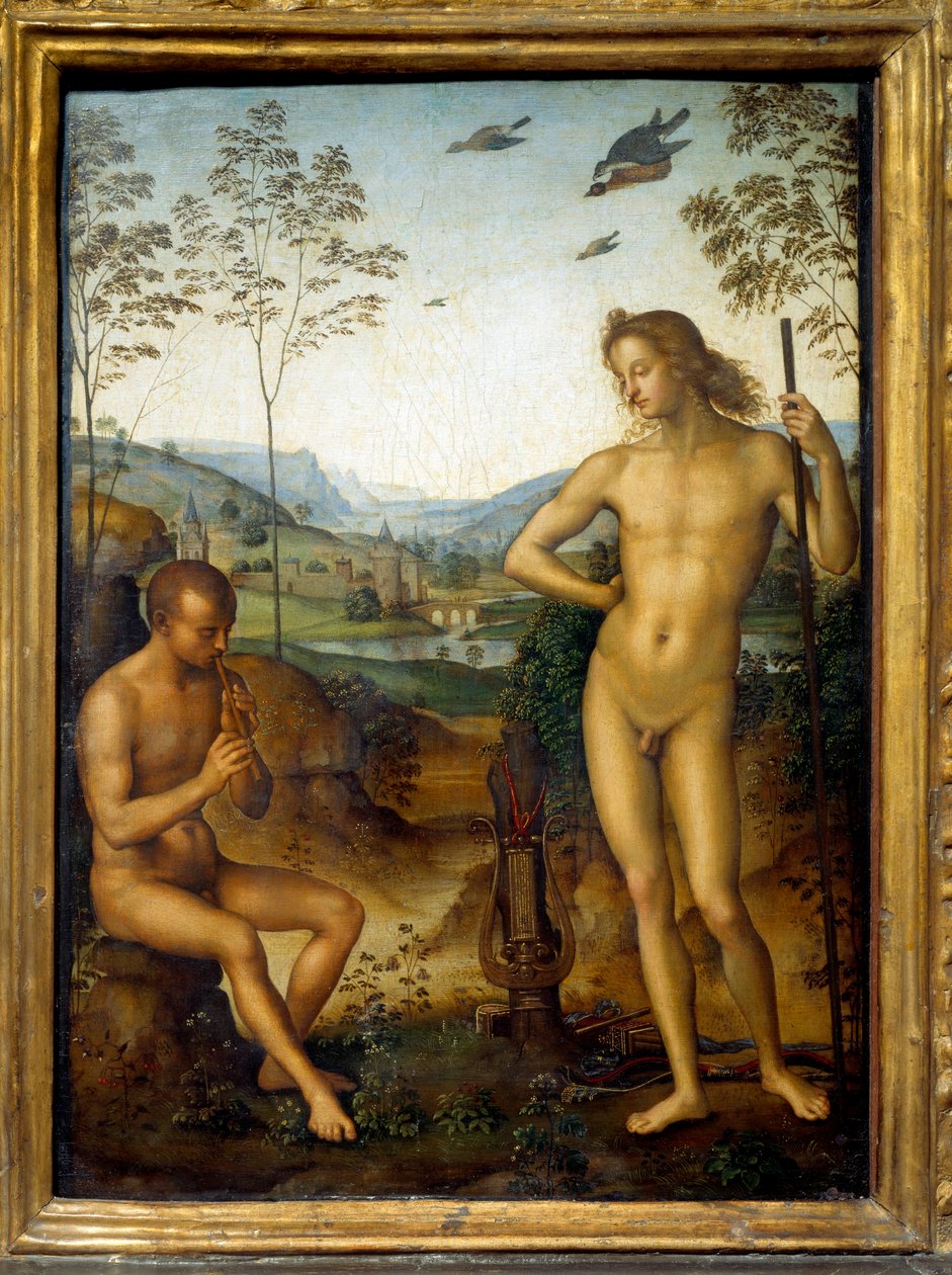 Apollo og Marsyas "" Marsyas spiller på fløyte før Apollo, King of the Lyre, etter utfordring. Maleri av Pietro Vannucci av The Perugino (1450-1523) Søn. 0,39 x 0,29 m av Pietro Perugino
