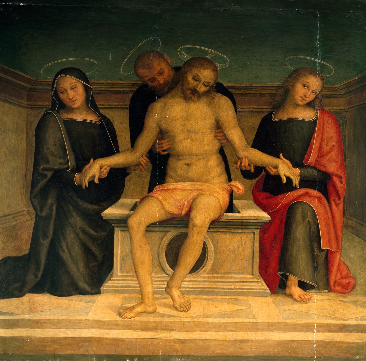 Lamentation over the Dead Christ, av Perugino (ca 1450-1523), fresco, Basilica of Saint Peter, Perugia, Umbria. Italia av Pietro Perugino