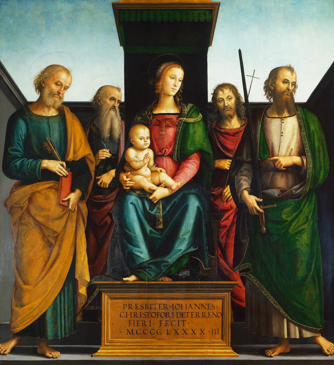 Madonna og barn på tronen med de hellige Johannes Baptist, Peter, Paul og John Evangelist, av Pietro Perugino (ca 1450-1523) av Pietro Perugino
