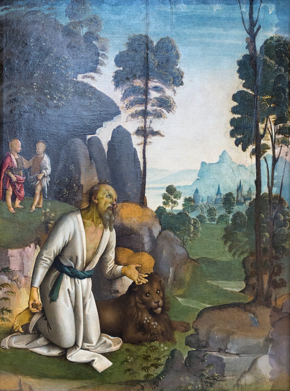 Den angrende helgen Hieronymus med spedbarnet Jesus og døperen Johannes som barn (olje på panel) av Pietro Perugino
