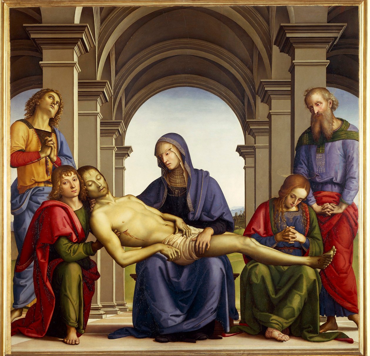Pieta er avbildet rundt Jesu Kristi kropp: Saint Joseph of Arimathia, Saint Nicodema, Saint Mary Magdalene, Saint John and the Jomfru Maria. Maleri av Pietro di Cristoforo Vannucci dit Le Perugin (Il Perugino av Pietro Perugino
