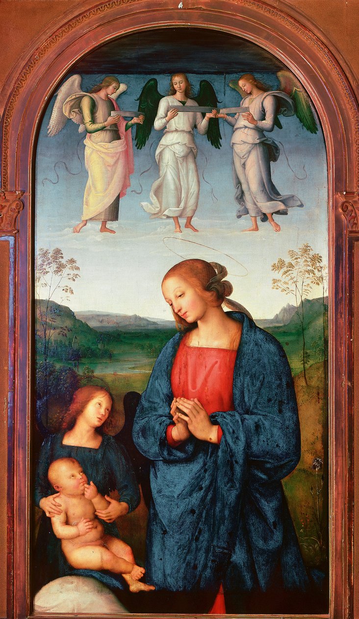 Polyptic of the Chartreuse of Pavia: "" Madonna har barnet og tre engler"" Maleri av Pietro Vannucci dit il Perugino (The Perugin av Pietro Perugino