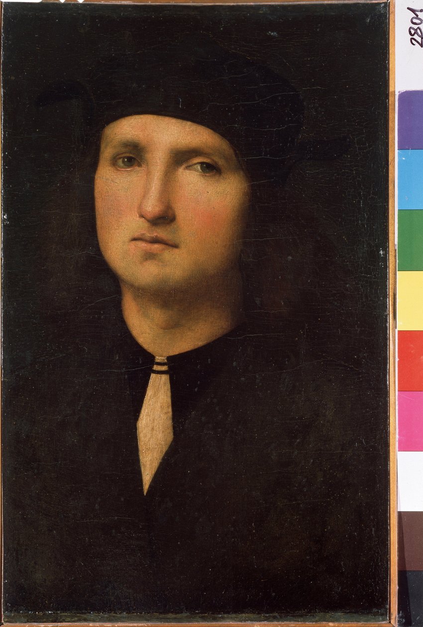 Portrett av en ung mann (Portrett av en ung mann). Maleri av Pietro di Cristoforo Vannucci dit Pietro Perugino (Le Perugin av Pietro Perugino