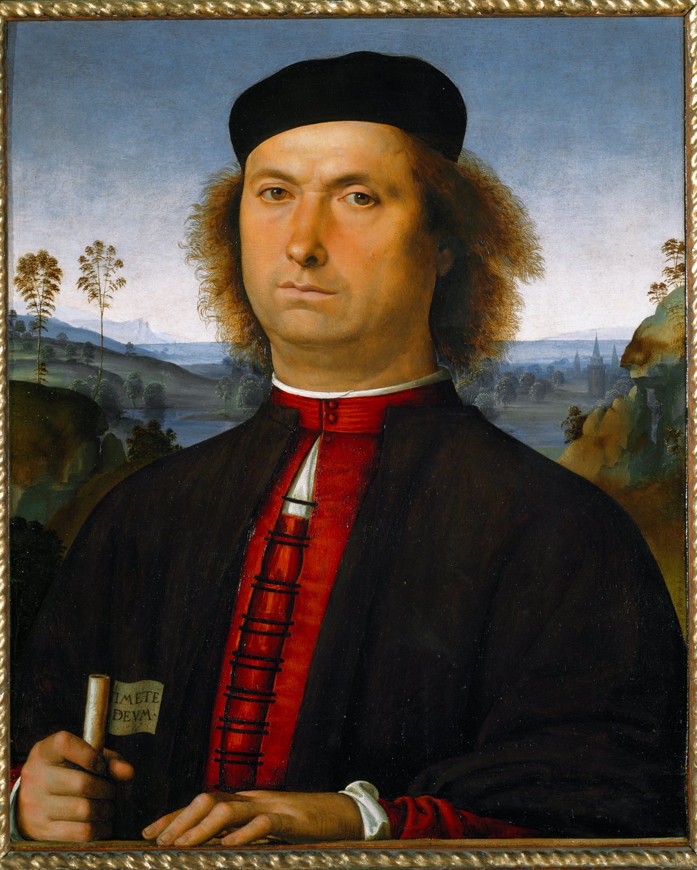 Portrett av Francesco delle Operere. Han holder en rulle med uttrykket "Timete deum"" (Frykt Gud) av Pietro Perugino