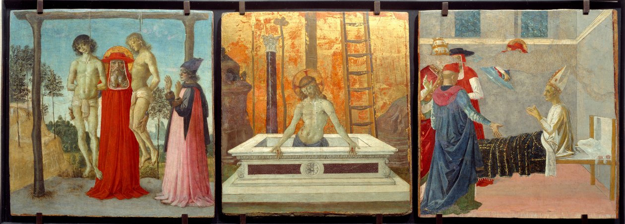 Den hellige Hieronymus støtter to urettmessig hengte unge menn, "Kristus ved graven" og "Saint Hieronymus gjenoppliver kardinal Andrea". Maleri på tre tilskrevet Pietro Vannucci dit il Perugino (Le Perugin av Pietro Perugino