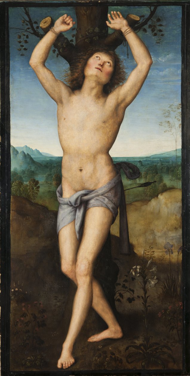 Saint Sebastien - Saint Sebastian, av Perugino (ca. 1450-1523). Olje på tre. Mål: 174x88 cm. Nationalmuseum Stockholm av Pietro Perugino