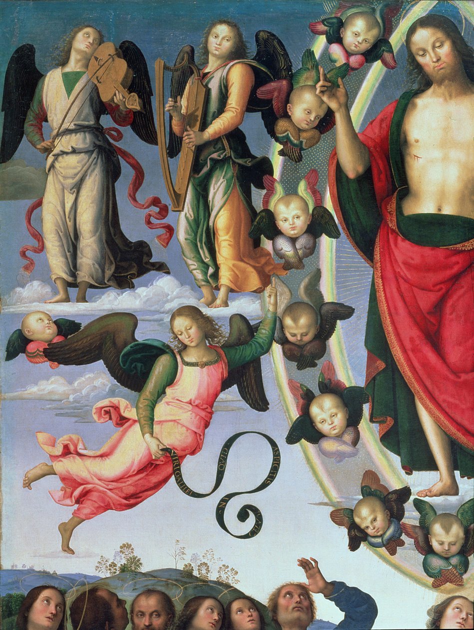 Kristi himmelfart, detalj om Kristus og musikerengler, øvre høyre del, 1495-98 olje på paneldetalj av 89700 av Pietro Perugino