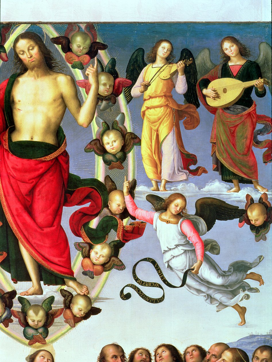 Kristi himmelfart, detalj om Kristus og musikerengler, øvre høyre del, 1495-98 olje på paneldetalj av 89700 av Pietro Perugino
