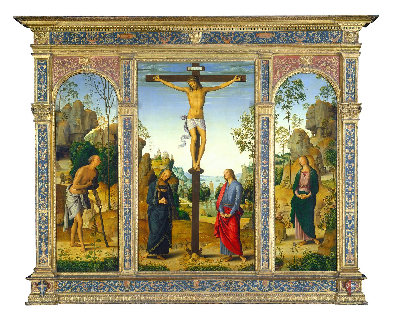 Korsfestelsen med jomfruen, den hellige Johannes, den hellige Hieronymus og den hellige Maria Magdalena, ca. 1482-1485 (olje på panel overført til lerret) av Pietro Perugino
