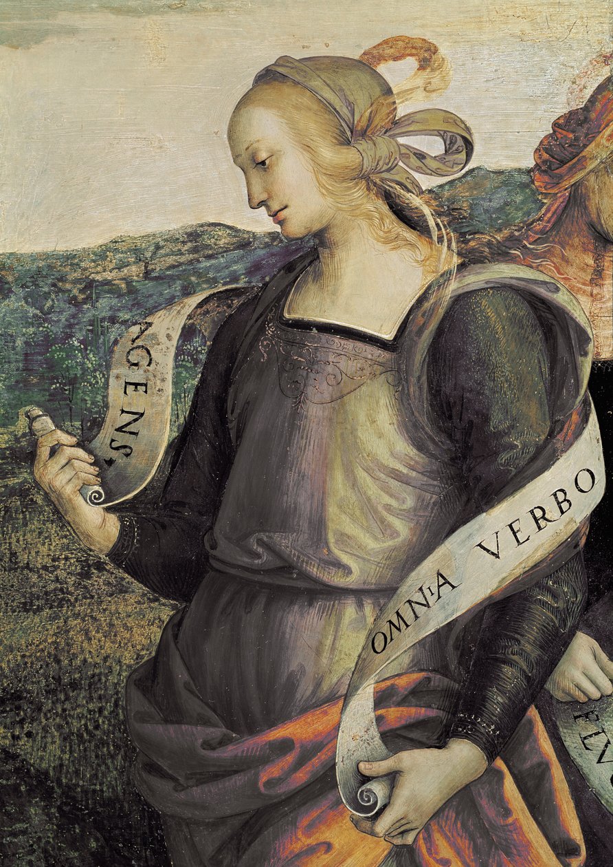 Den erythraiske sibyllen. Detalj av Den evige far omgir profeter og sibyller (Fresco av Pietro Perugino