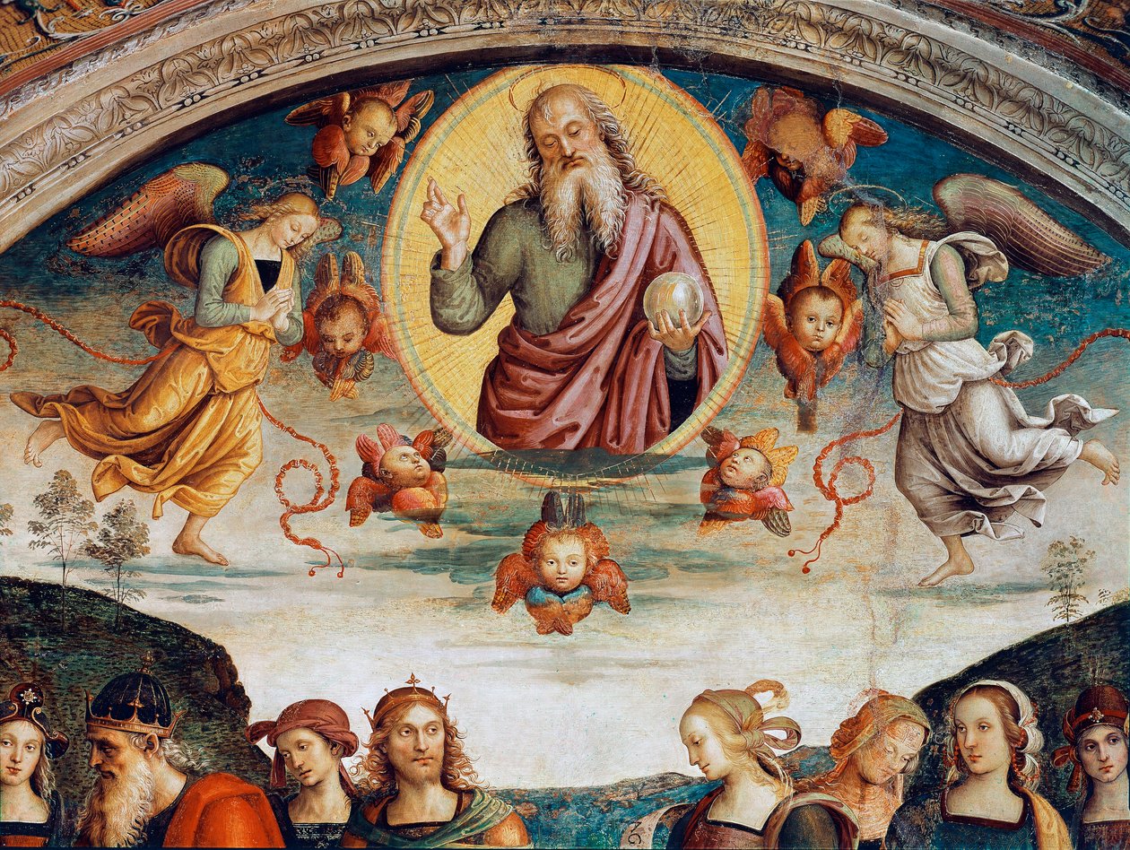 Herren omgir med profetier og sibyller Detalj som representerer Herren den allmektige. Fresco av Pietro Vannucci dit il Perugino (Perugin) (1448-1523) 1500 Dim. 229x370 cm Perugia, Collegio del Cambio av Pietro Perugino