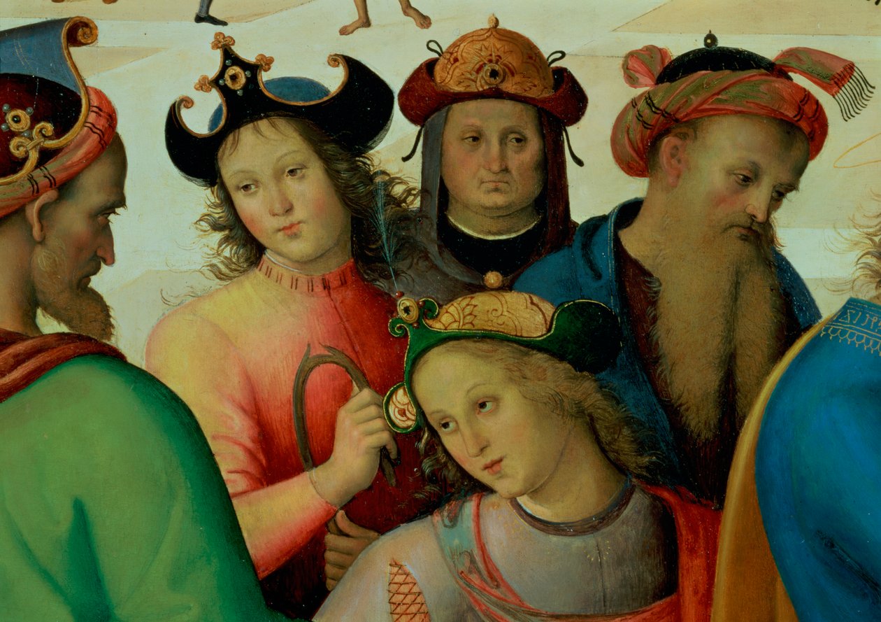 The Marriage of the Virgin, detalj av frierne, 1500-04 olje på panel detalj av 53750 av Pietro Perugino