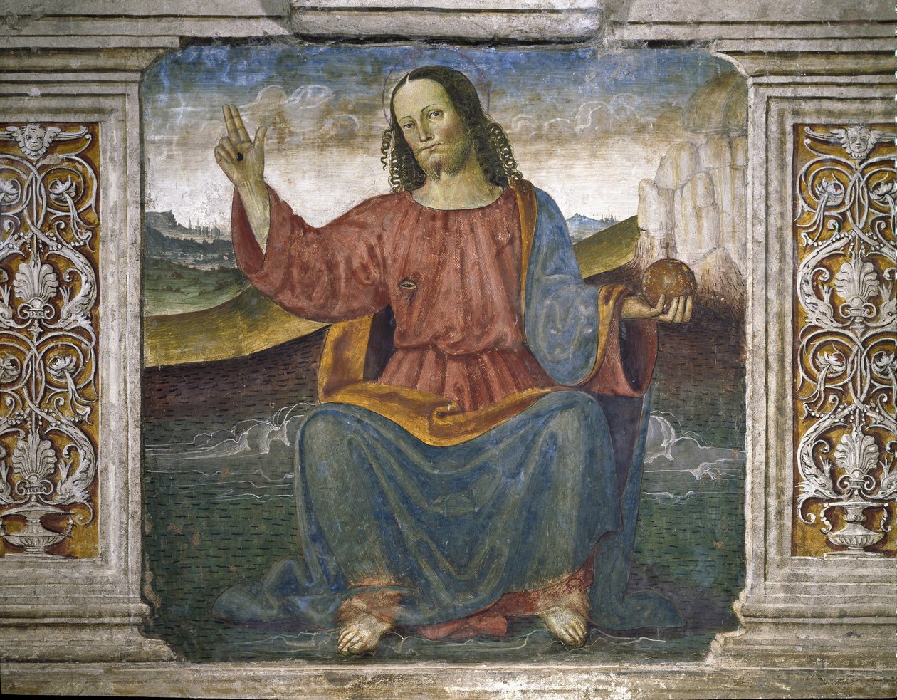 Forløseren, Jesus holder kloden og løfter hånden som et tegn på velsignelse (Fresco av Pietro Perugino