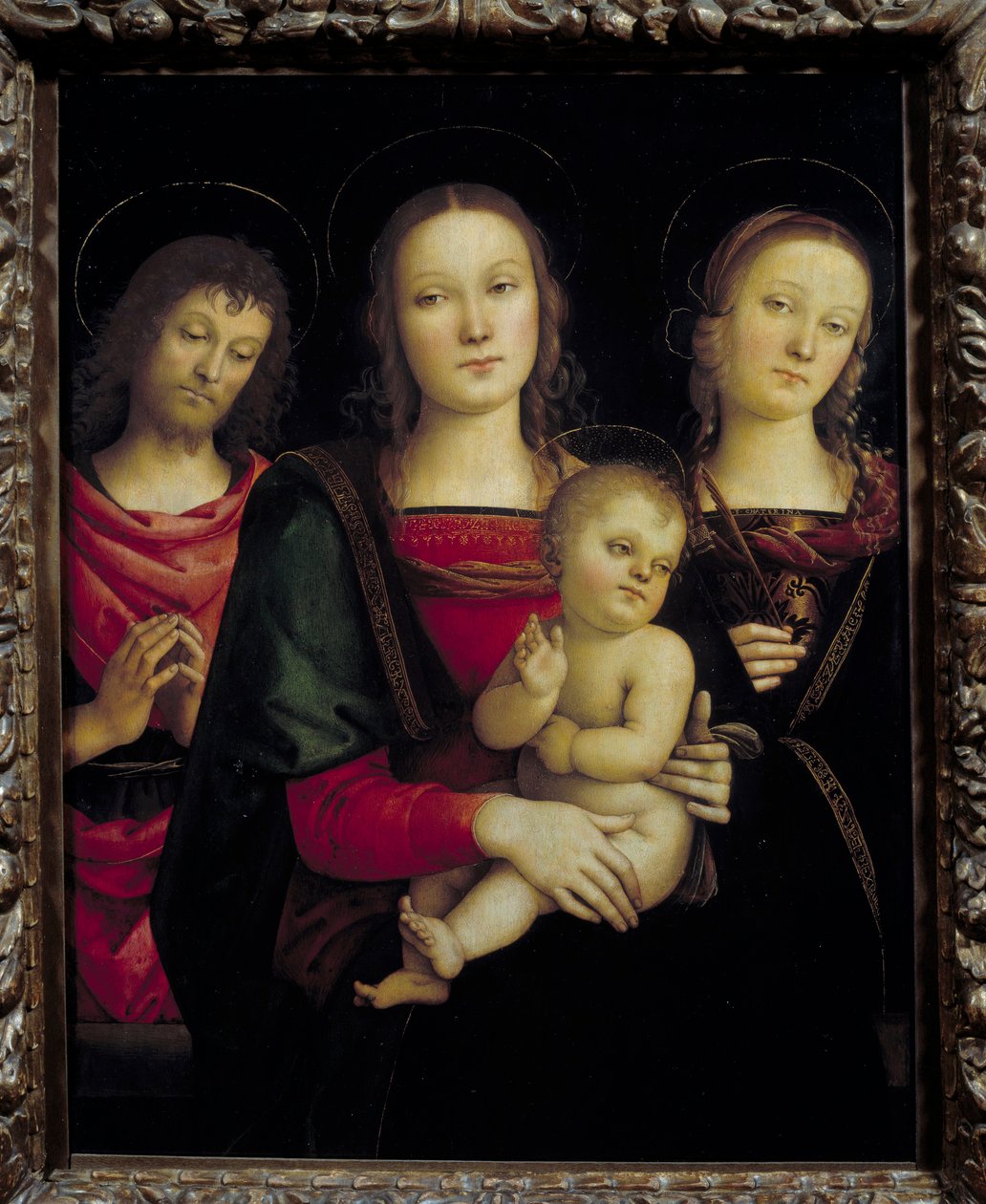 Jomfruen og barnet omgitt av døperen Johannes og den hellige Katarina Maleri av Pietro Vannucci dit il Perugino (Le Perugin av Pietro Perugino