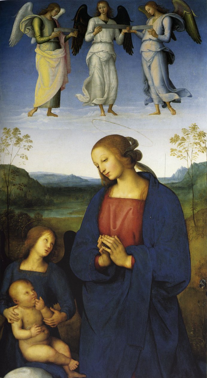 Jomfruen og barnet med en engel, ca. 1496-1500 (olje på tre) av Pietro Perugino