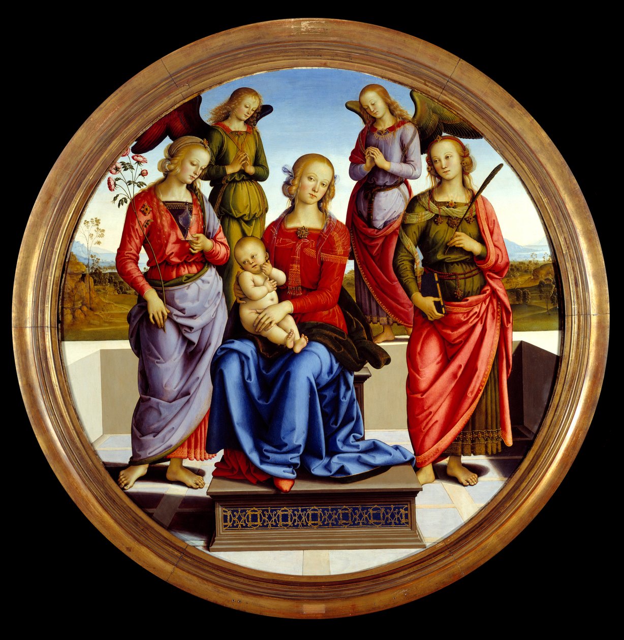 Jomfruen og barnet omgitt av to engler, Saint Rose og Saint Catherine. Maleri av Pietro Vannucci dit il Perugino (The Perugin av Pietro Perugino