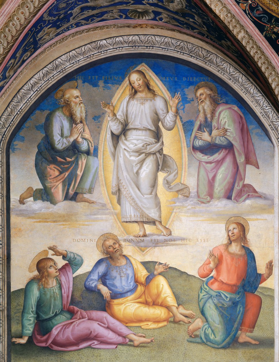 Forvandlingen: Kristus kledd i hvitt er omgitt av Moses og Elia, under apostelen Johannes, Peter og Jakob av Pietro Perugino