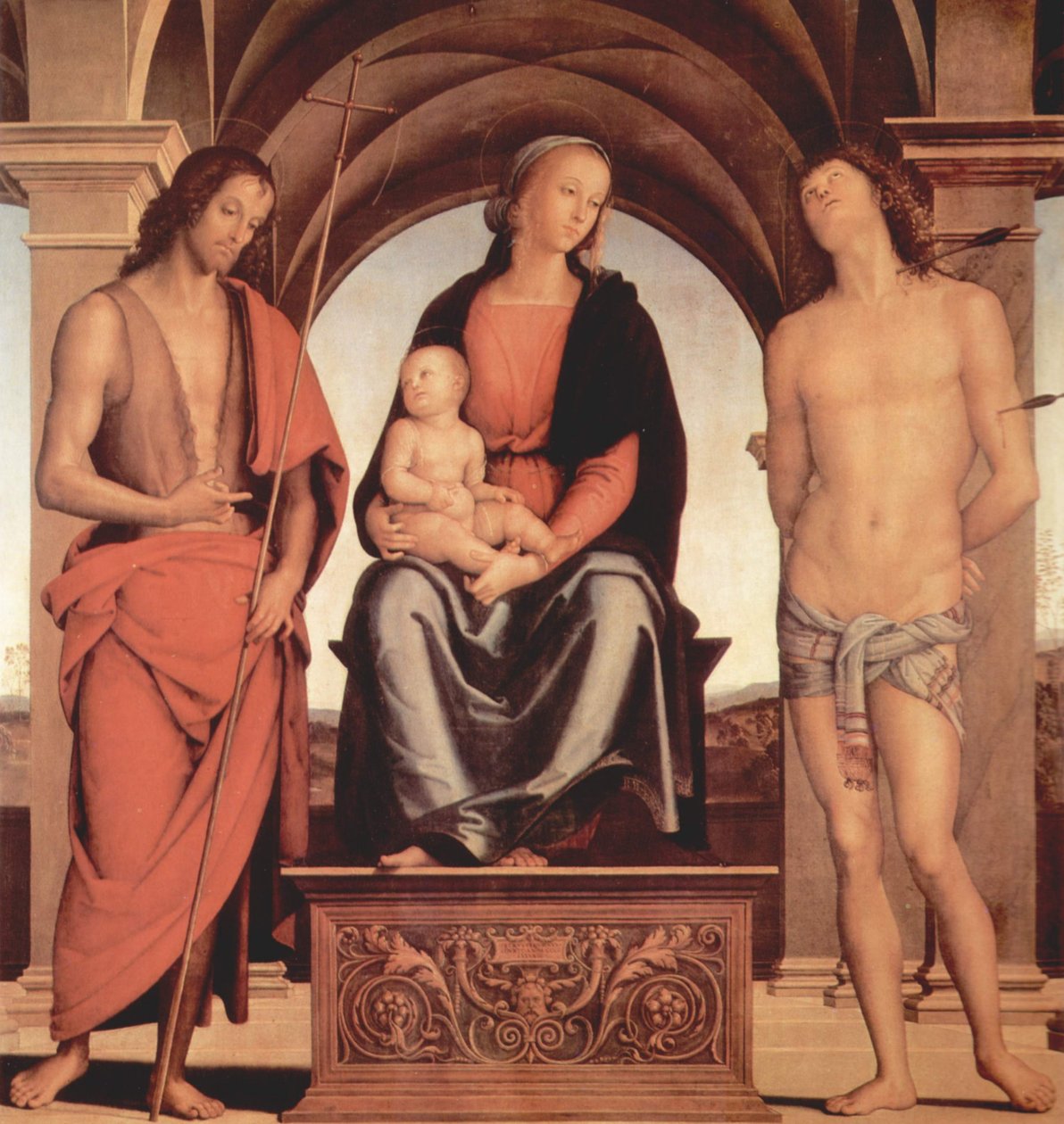 Tronet Madonna med Døperen Johannes og St. Sebastian av Pietro Perugino