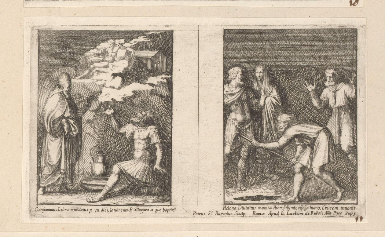 Pave Silvester helbreder Konstantin og Saint Helena finner det sanne korset Constantinus Lebra mundatus p un dies latuit cum B. Silvestro a quo baptiz (...) (tittel på objekt) Historie om keiser Konstantin (serietittel) av Pietro Sante Bartoli