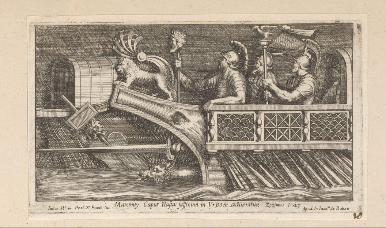 Soldater i en båt Maxenty Caput Hasta suffiks i Urbe in advenitur (tittel på objekt) Historie om keiser Konstantin (serietittel) av Pietro Sante Bartoli