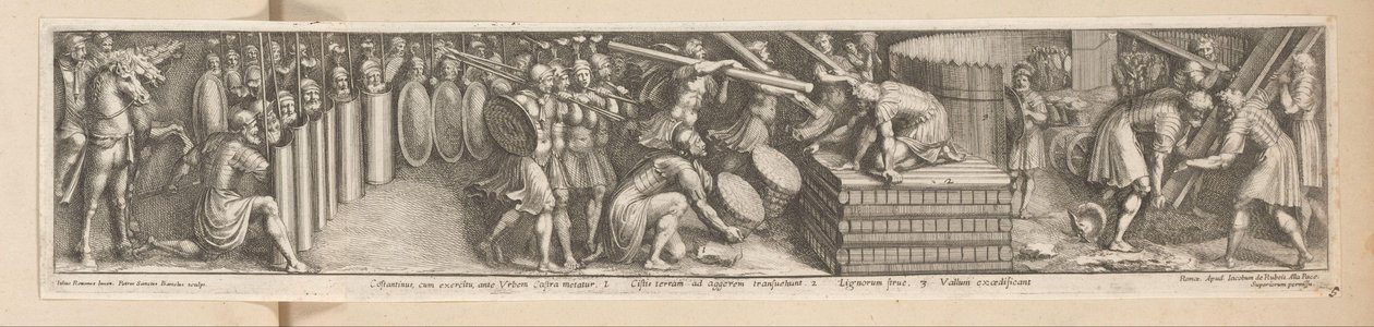 Soldater slo opp leir Constantinus, cum exercitu, ante Urbem Castra metatur (tittel på objekt) Historie om keiser Konstantin (serietittel) av Pietro Sante Bartoli