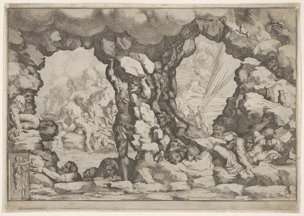 En gigant som løfter en stein i midten, andre kjemper til venstre og høyre sliter og rec..., ca. 1680. av Pietro Santi Bartoli