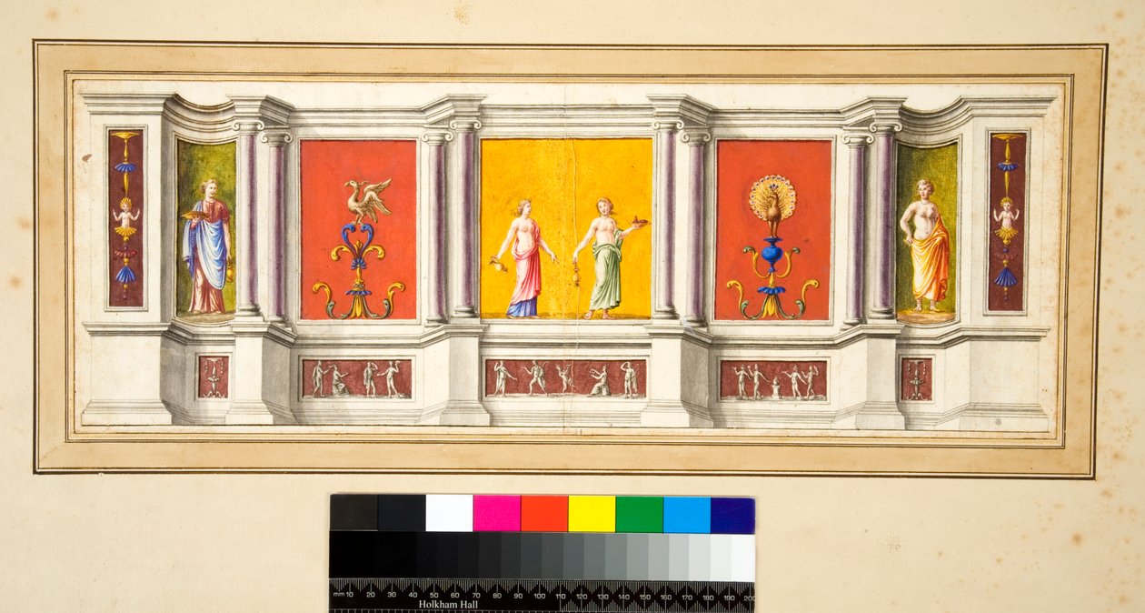 En langvegg med syv paneler med en smal frise under (svart kritt, noen med penn og brunt blekk. farget med akvarell) av Pietro Santi Bartoli