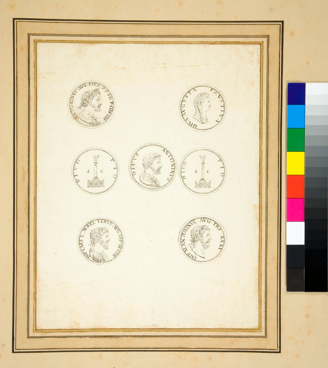 Mynter som viser kolonnen til Antoninus Pius (blekk) av Pietro Santi Bartoli
