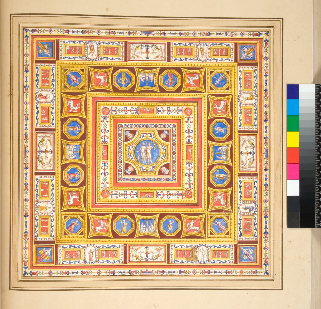 Design for en takfreskomaleri (svart kritt, noen med penn og brunt blekk. farget med akvarell) av Pietro Santi Bartoli