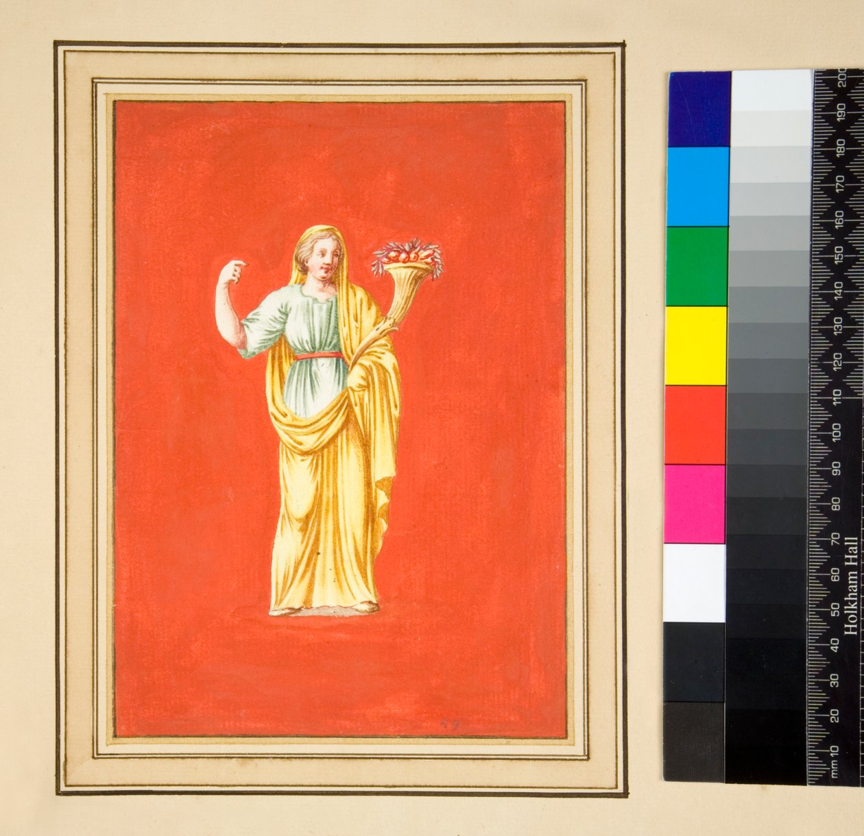 Kvinnefigur på rød bakke (svart kritt, noen med penn og brunt blekk. farget med akvarell) av Pietro Santi Bartoli