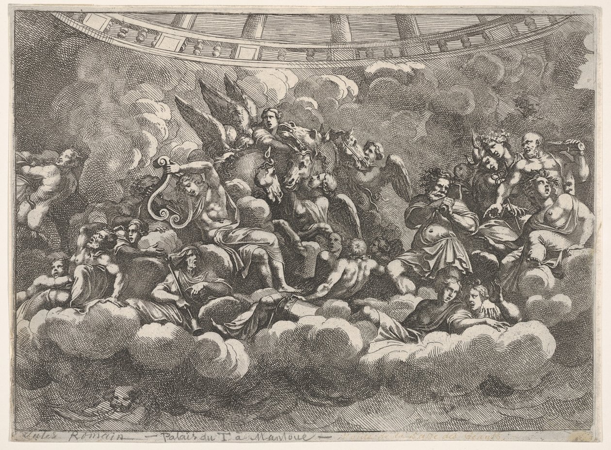 Samling av forskjellige olympiske guder og mytologiske skikkelser blant skyer, Apollo at ce..., ca. 1680. av Pietro Santi Bartoli