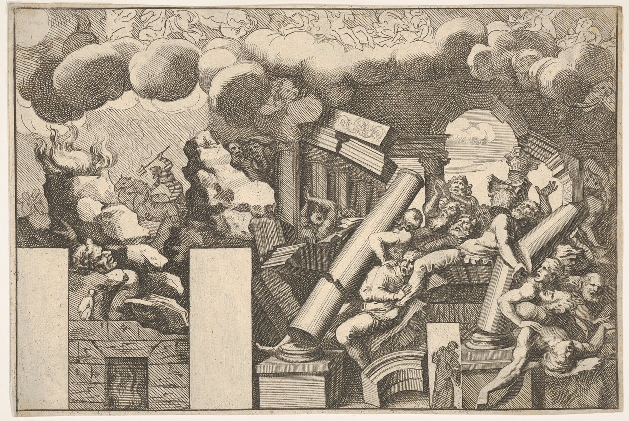 Kjemper knust av steiner og templets fallende søyler, røykskyer over..., ca. 1680. av Pietro Santi Bartoli
