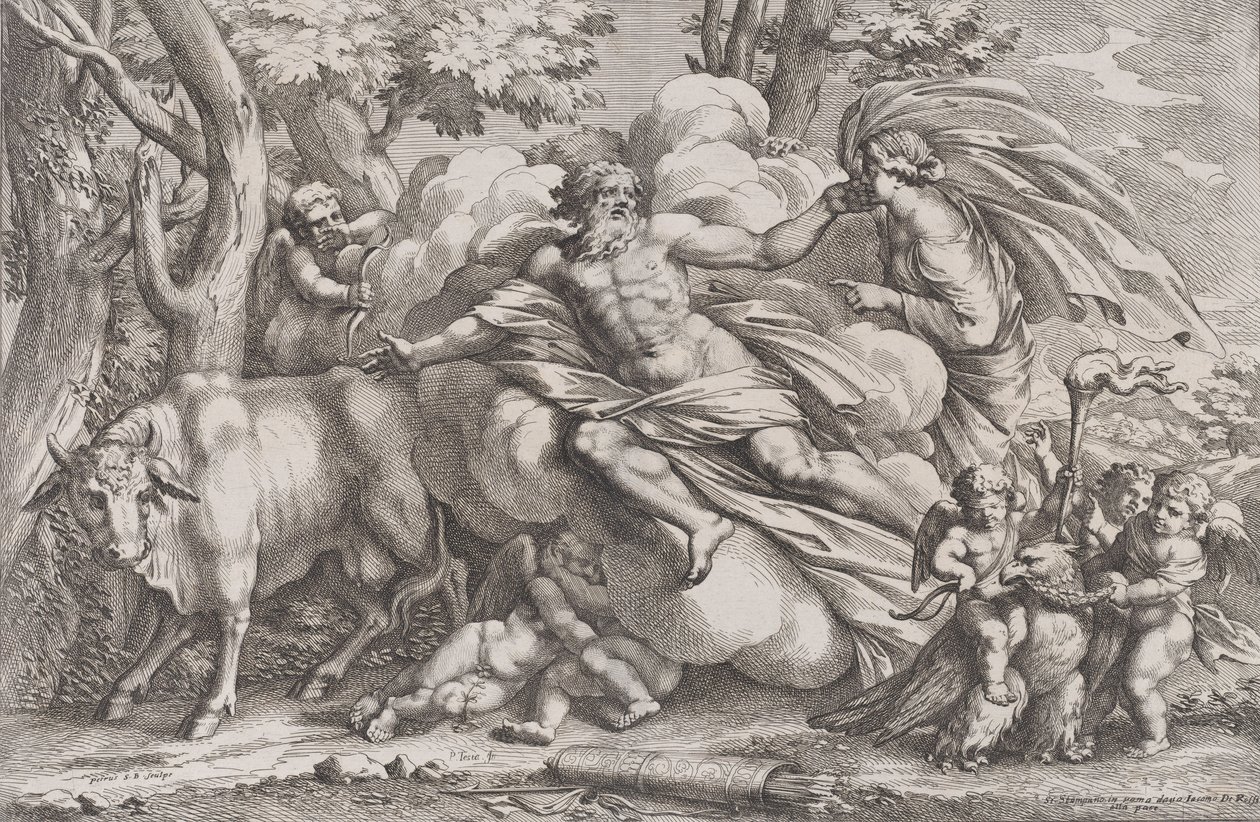 Io til venstre som en ku, Jupiter på en sky i midten og Juno til høyre med pu..., 1650-90. av Pietro Santi Bartoli