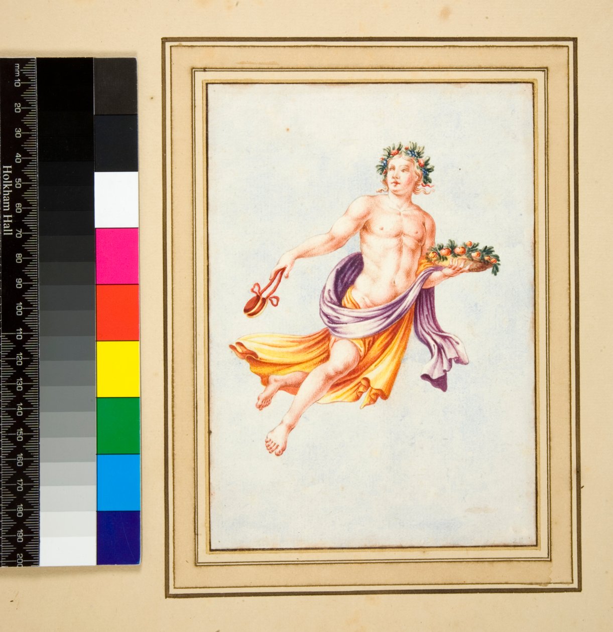Mannsfigur med krans av blader (svart kritt, noen med penn og brunt blekk. farget med akvarell) av Pietro Santi Bartoli