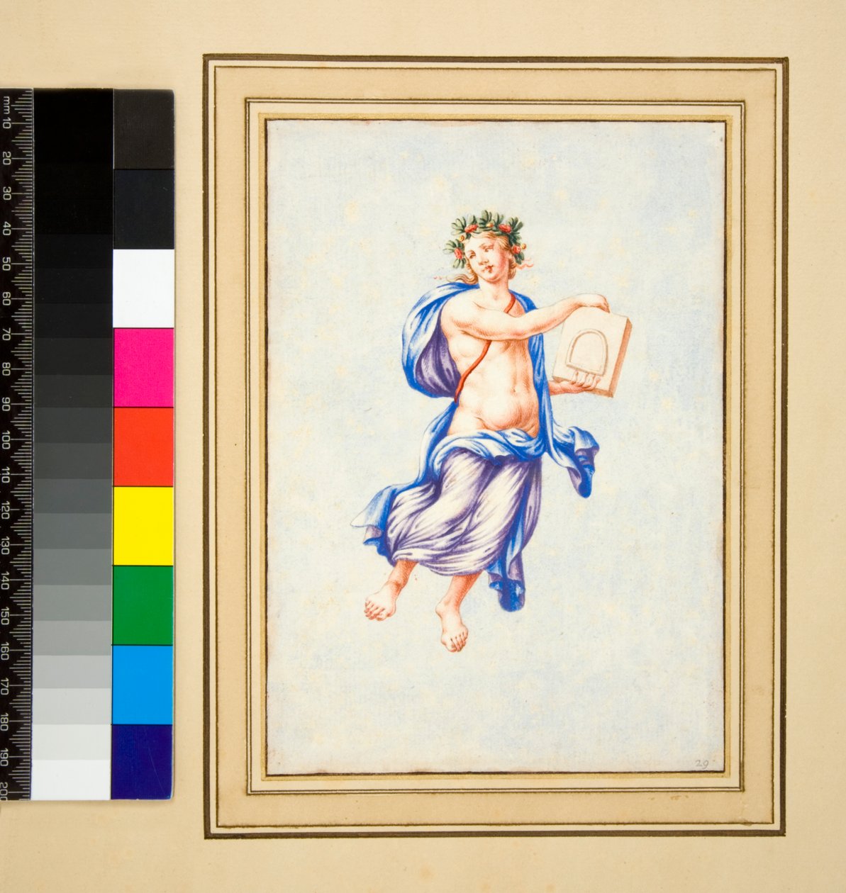 Mannsfigur svevende (svart kritt, noen med penn og brunt blekk. farget med akvarell) av Pietro Santi Bartoli