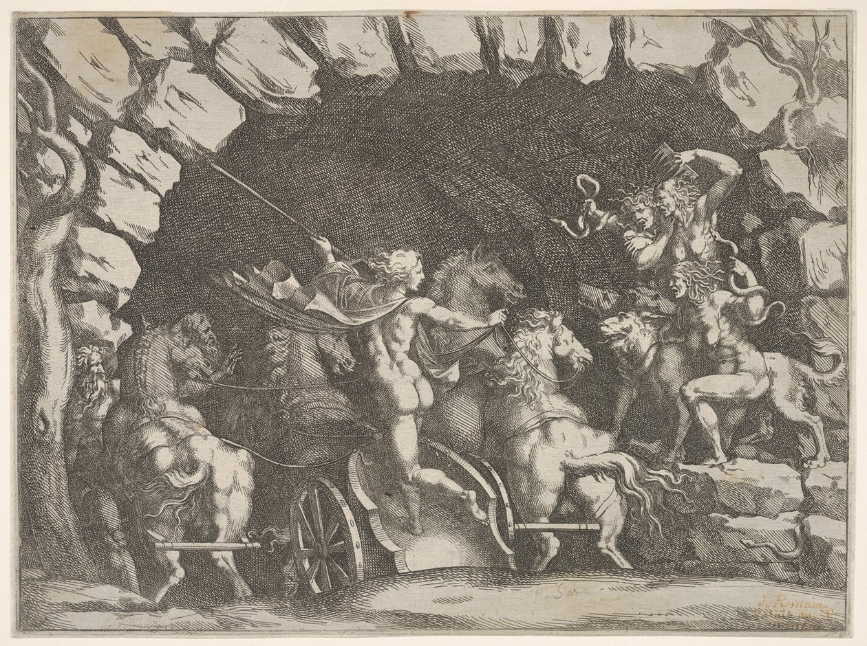 Pluto, sett bakfra, går inn i underverdenen på sin vogn, Cerberus og tre Fu..., ca. 1680. av Pietro Santi Bartoli