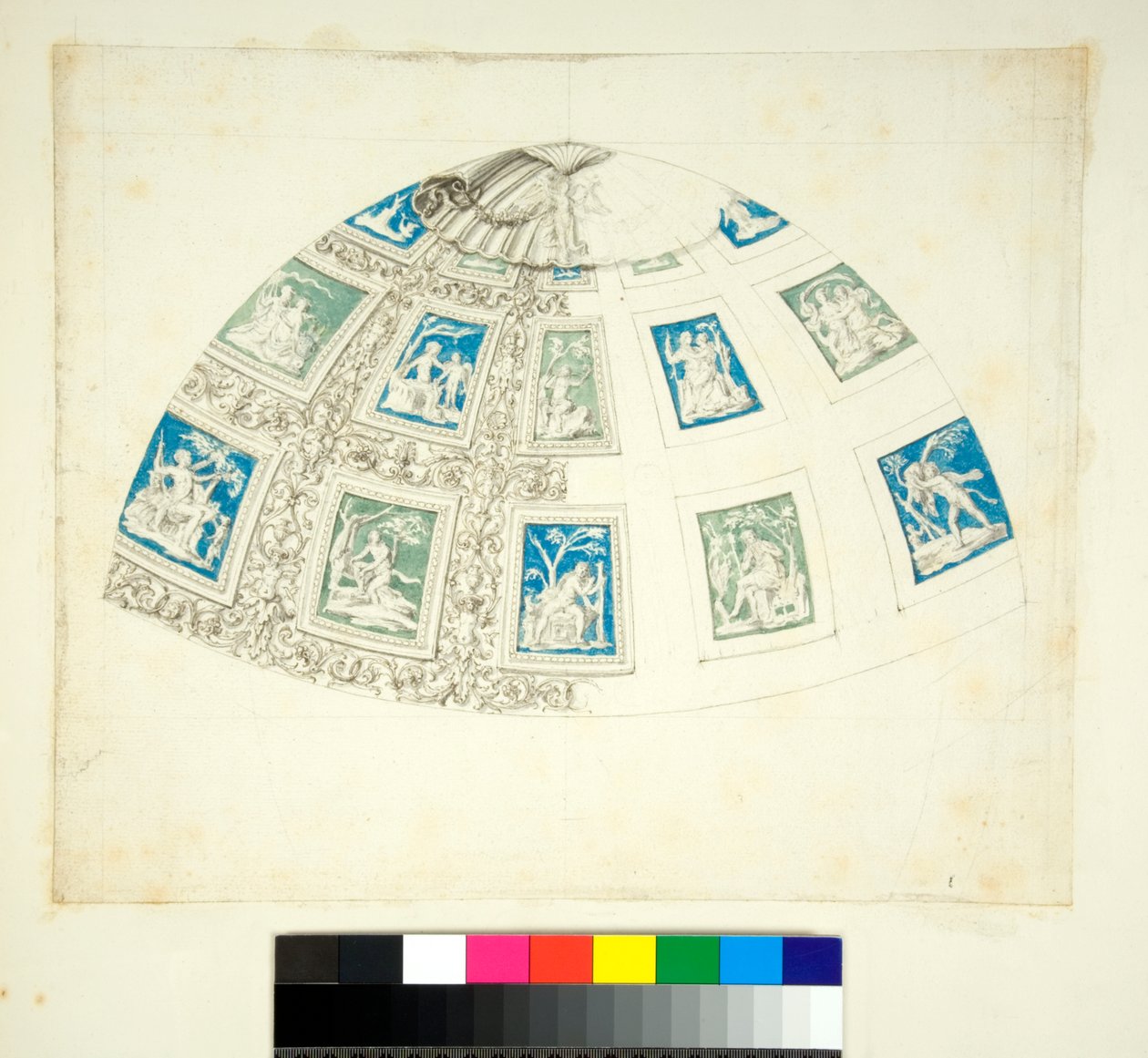 Vaulting av Villa Madama (svart kritt, noen med penn og brunt blekk. farget med akvarell) av Pietro Santi Bartoli