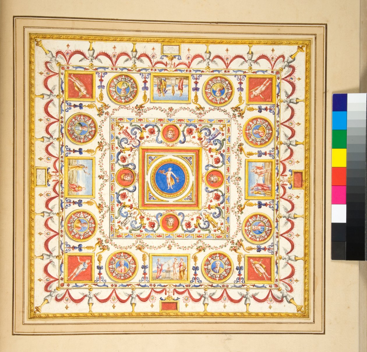 Volta del Palazzo di Augusto (svart kritt, noen med penn og brunt blekk. farget med akvarell) av Pietro Santi Bartoli
