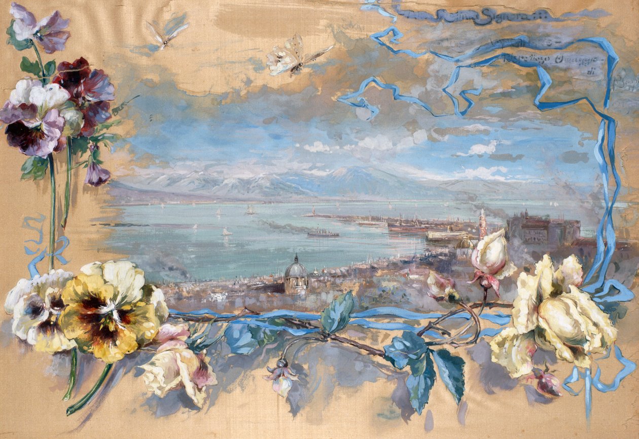 Utsikt over Napoli gjennom stemorsblomster (maleri på silke) av Pietro Scoppetta