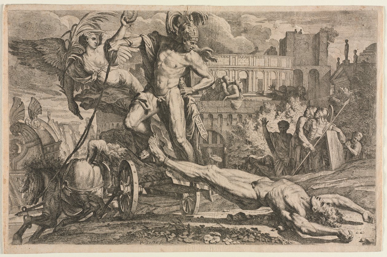 Achilles Dragging the Body of Hector   1308265   no       norwegian Successfully Translated  Original: Landschap met kalkoen Gallus indicus, Coq dinde, (title on object) Dertien vogelsoorten (series title) Diuersae Auium Specie (series title) Translat: Lan av Pietro Testa