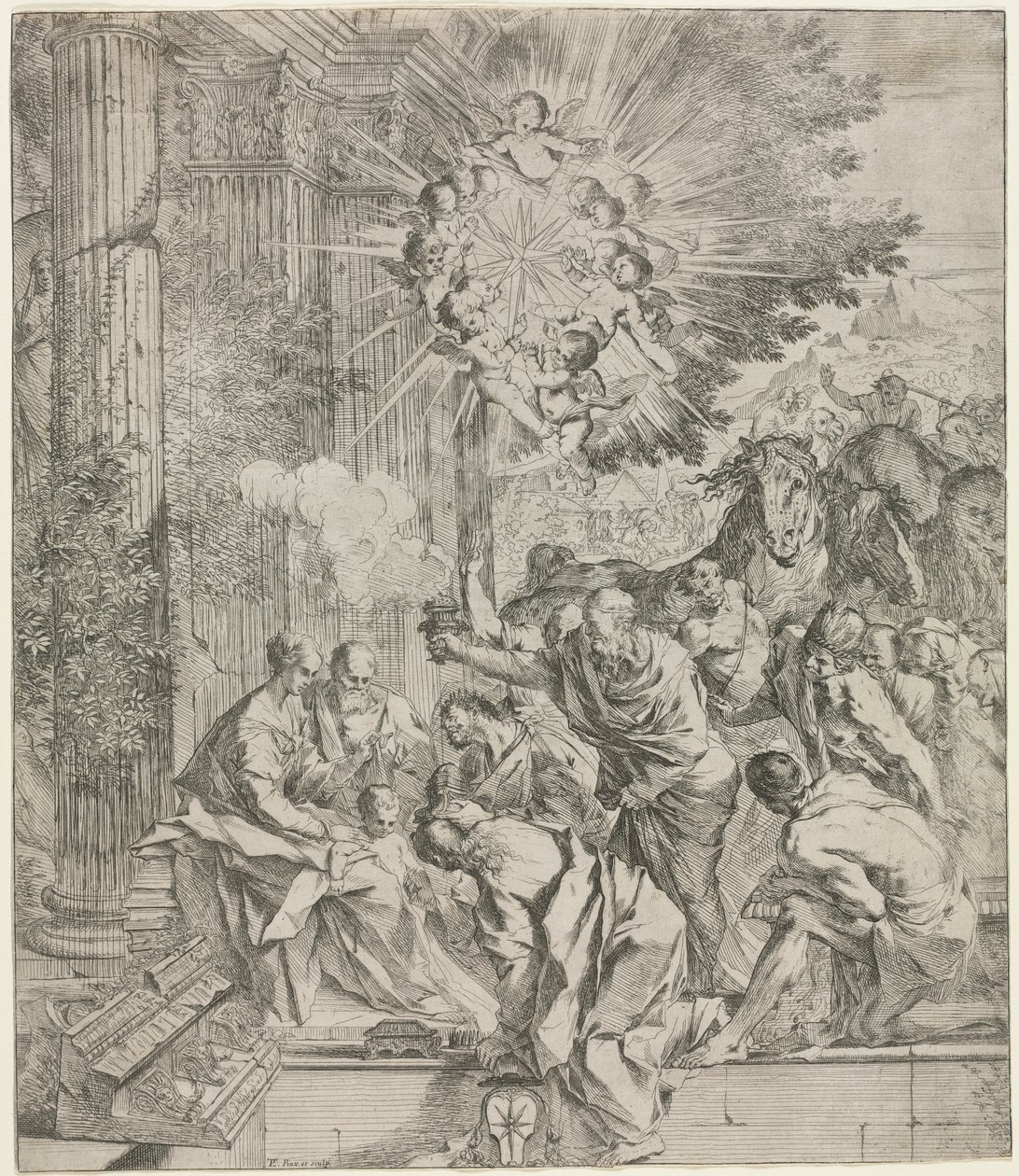 Tilbedelse av vismennene, 1636-1638. av Pietro Testa