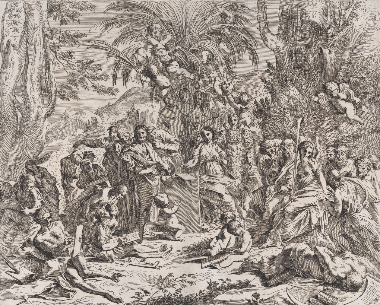 En allegori over maleriet, som som barn i midten til venstre tegner på en tavle, surrounde..., 1637-38. av Pietro Testa