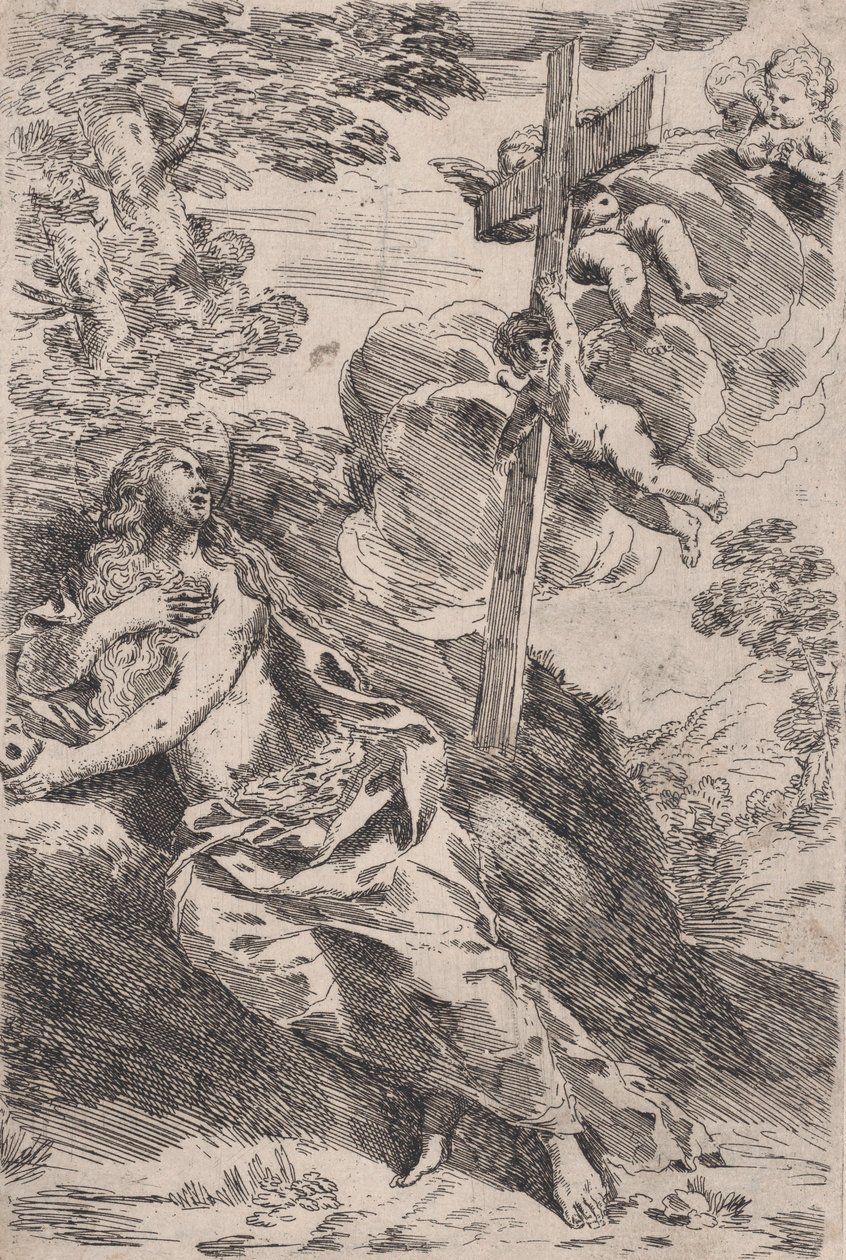 Maria Magdalena i ørkenen, et kors båret av engler til høyre, ca. 1630. av Pietro Testa