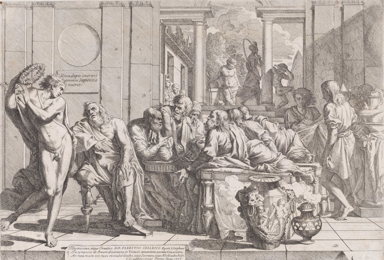 Platons symposium: Sokrates og hans følgesvenner satt rundt et bord og diskuterte ideell kjærlighet..., 1648. av Pietro Testa