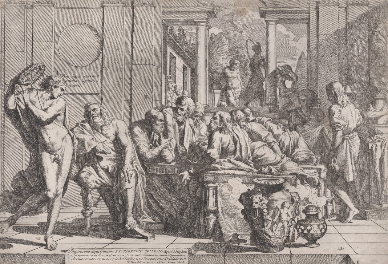 Platons symposium: Sokrates og hans følgesvenner satt rundt et bord og diskuterte ideell kjærlighet..., 1648. av Pietro Testa